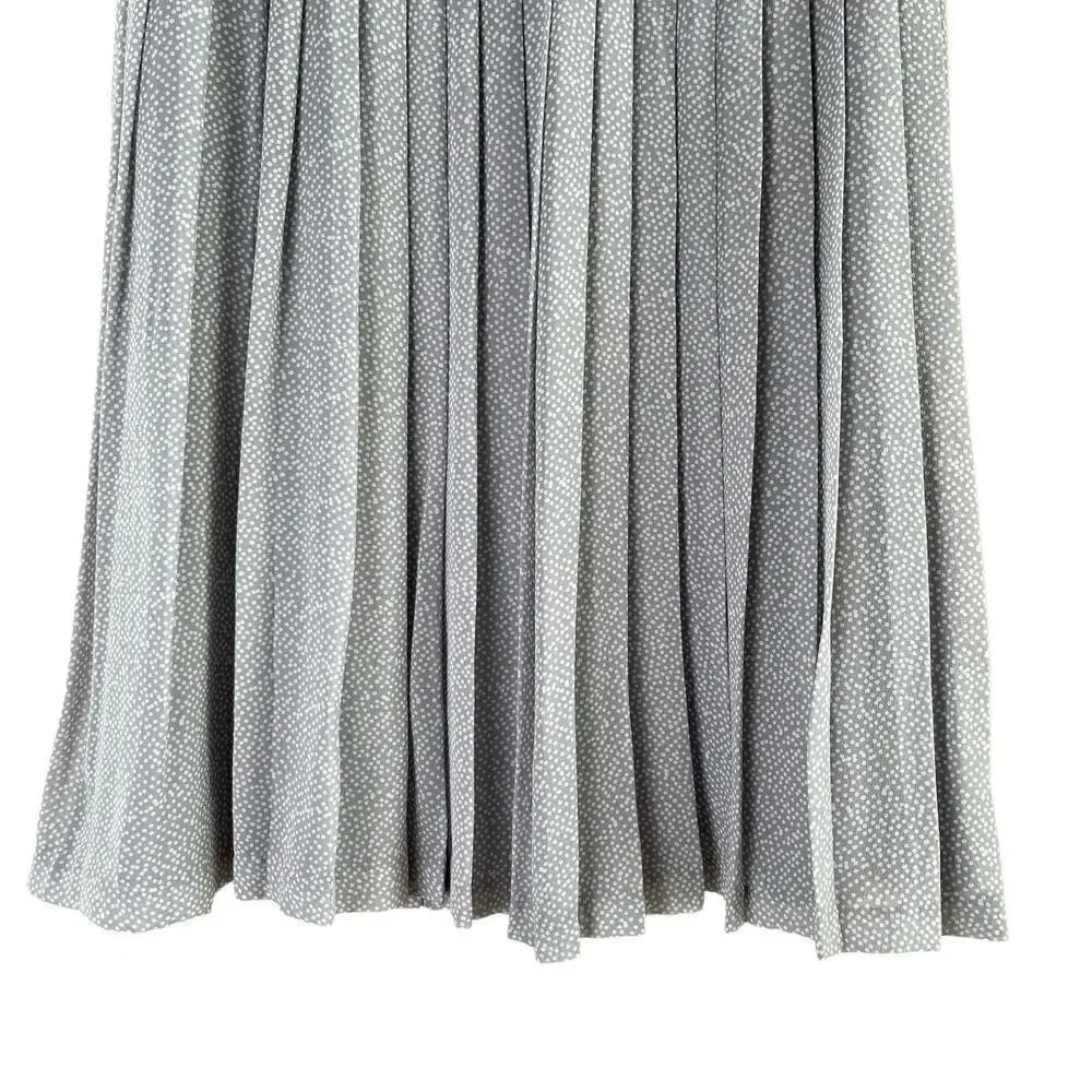Club Monaco Silk Pleated Polka Dot Midi Skirt in‎ Gray and White, Size 2
